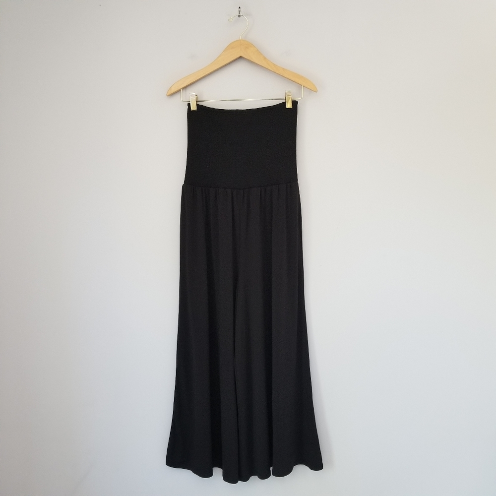 Elizabeth James Strapless Smocked Wide Leg Pull On L Jumpsuit Black Sz Small